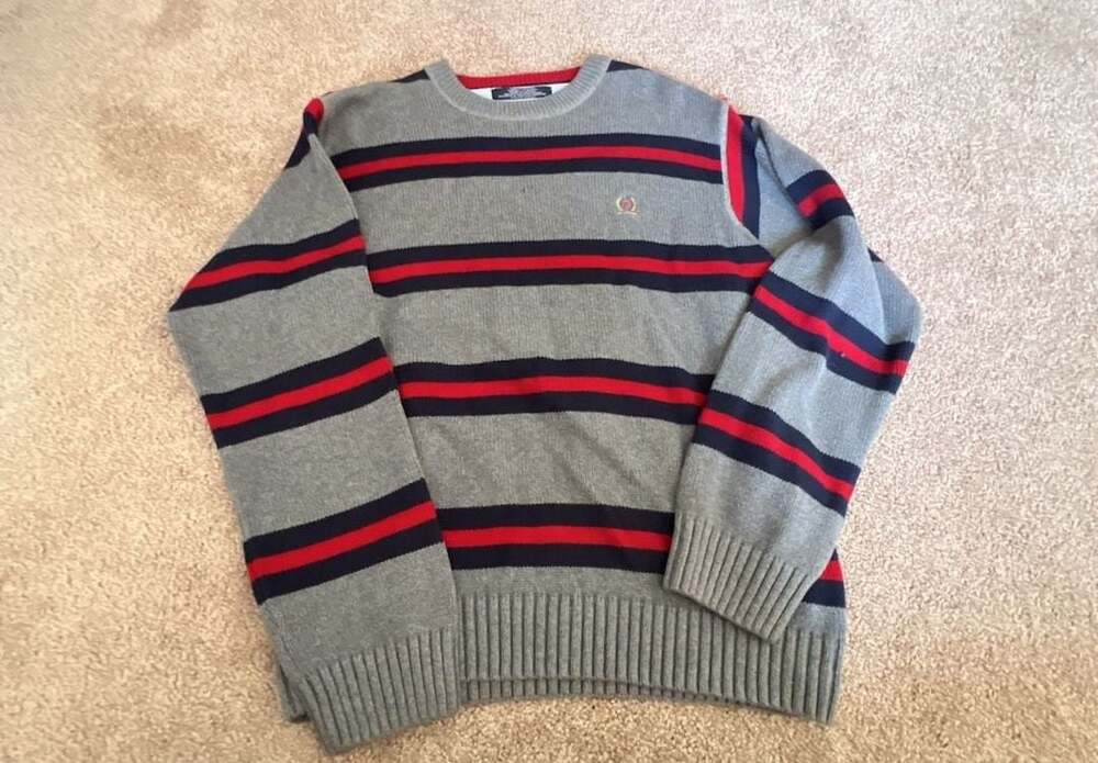 Tommy Hilfiger Gray Red Navy Striped Crewneck Sweater with Crest Logo